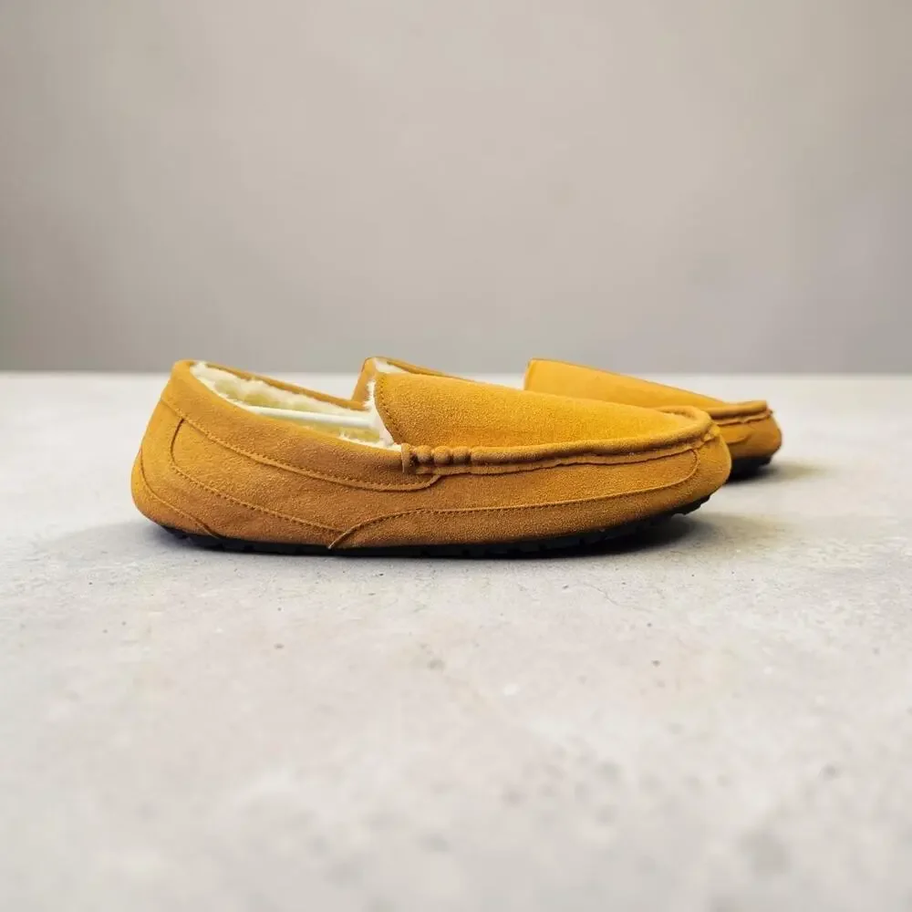 Cuiapl Mens Moccasin Slippers Tan Brown Suede Warm Fur Lined House Loafers Size